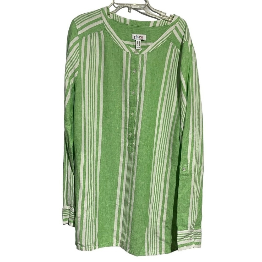 Denim & Co Green White Striped Linen Blend Roll Tab Sleeve Tunic Top Large